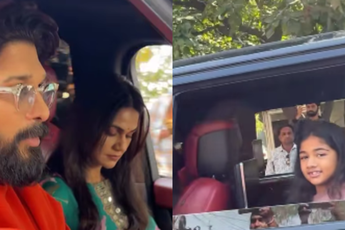 Allu Arjun was spotted arriving at megastar Chiranjeevi's residence with his wife Sneha and daughter Arha.